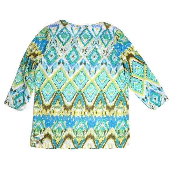 WOMEN'S GREEN & YELLOW PRINT STRETCH KNIT 3/4 SLEEVE BLOUSE - CATHY DANIELS - M - Picture 4 of 4